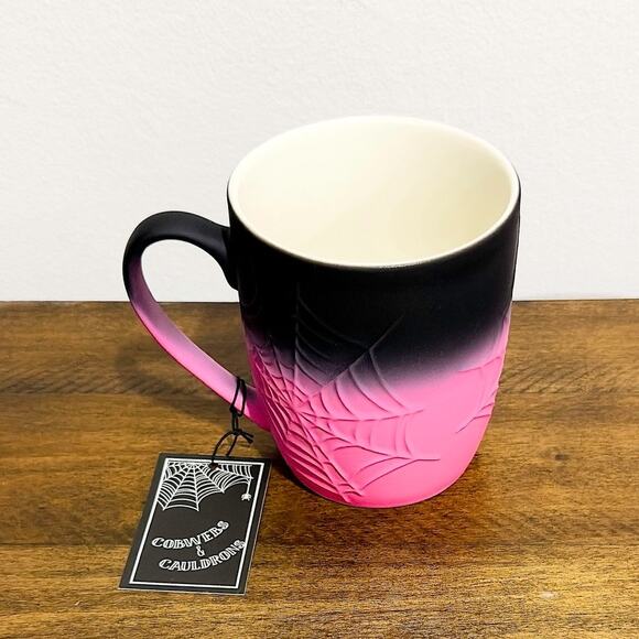 NWT: Cobwebs & Cauldrons - Pink and Black Ombré, Textured, Spiderweb Mug - Picture 3 of 3